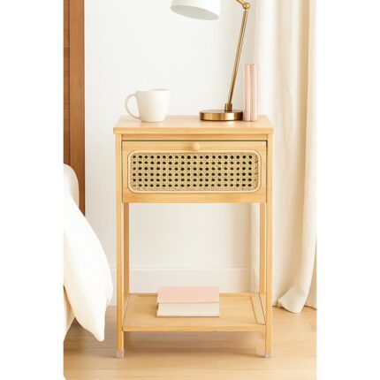 Meturas Bambu Rattan Komodin | Tek Çekmeceli Doğal Ahşap Yan Sehpa Dekoratif 36X34X58 cm