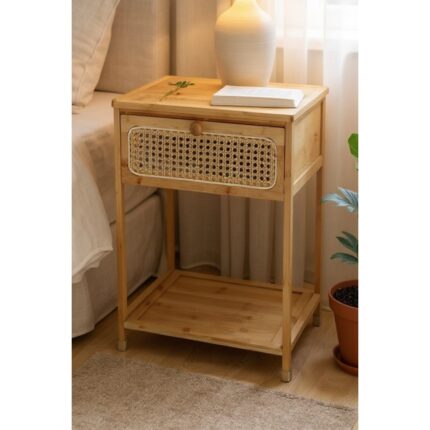 Meturas Bambu Rattan Komodin | Tek Çekmeceli Doğal Ahşap Yan Sehpa Dekoratif 36X34X58 cm - Görsel 3