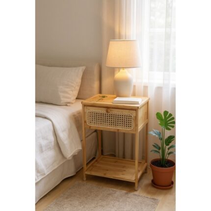 Meturas Bambu Rattan Komodin | Tek Çekmeceli Doğal Ahşap Yan Sehpa Dekoratif 36X34X58 cm - Görsel 4