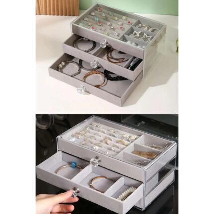 Alvo Store Modern Gri 3 Çekmeceli Takı Bijuteri Mücevher Kutusu Organizer Düzenleyici Şeffaf 13 x 23 x 10 cm