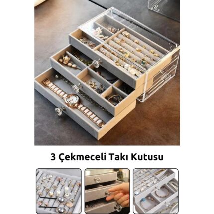 Alvo Store Modern Gri 3 Çekmeceli Takı Bijuteri Mücevher Kutusu Organizer Düzenleyici Şeffaf 13 x 23 x 10 cm - Görsel 2