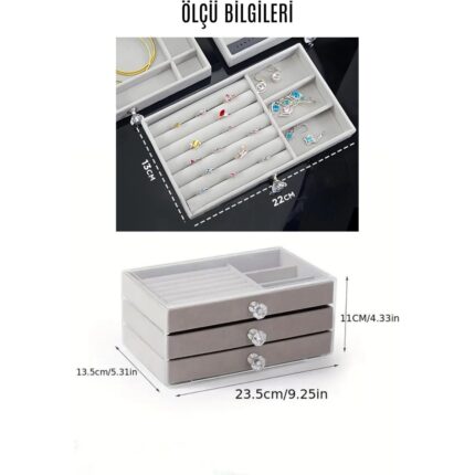 Alvo Store Modern Gri 3 Çekmeceli Takı Bijuteri Mücevher Kutusu Organizer Düzenleyici Şeffaf 13 x 23 x 10 cm - Görsel 3