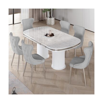 Canisa Galya Serisi Lak Panel 90X168 Sabit Beyaz Mermer Desen Mutfak Masa Takımı 6 Sandalye