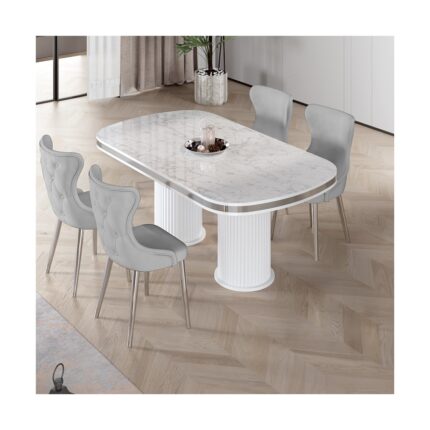 Canisa Galya Serisi Lak Panel 90X168 Sabit Beyaz Mermer Desen Mutfak Masa Takımı 4 Sandalye