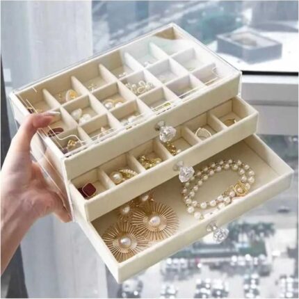 Alvo Store 3 Çekmeceli Bölmeli Şeffaf Kadife Mücevher Takı Kutusu Küpe Yüzük Kolye Düzenleyici Organizer