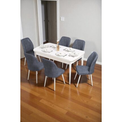 Baresmu Bara Beyaz 80X132 Açılabilir Sunta Masa Yemek Odası Takımı, Mutfak Takımı 6 Adet Sandalye
