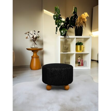 Pufo Dekoratif rahat ve konforlu puf - siyah renkli -  gürgen ayaklı -  yuvarlak puf - çok amaçlı kullanım - modern bench