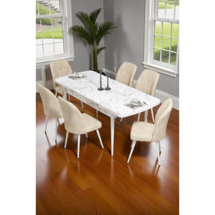 Baresmu Bara Beyaz Mermer 80X132 Açılabilir Sunta Masa Yemek Odası Takımı, Mutfak Takımı 6 Adet Sandalye - Görsel 2
