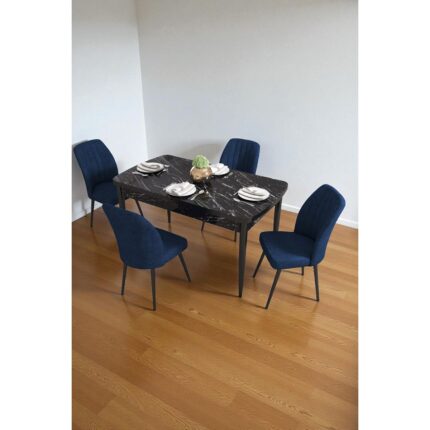 Baresmu Bara Siyah Mermer 80X132 Açılabilir Sunta Masa Yemek Odası Takımı, Mutfak Takımı 4 Adet Sandalye