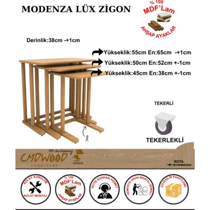 Cmd Wood Modenza Zigon Sehpa – Modern 3’lü Sehpa Seti Ahşap Görünümlü Minimal Tasarım Salon & Oturma Odası - Görsel 2