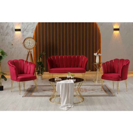 Garden House Zentro Kırmızı Kumaş Metal Gold Ayaklı Ofis Koltuk Takımı Çay Seti Koltuk Takımı