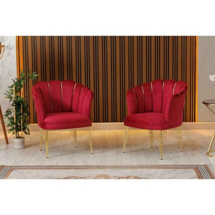 Garden House Zentro Kırmızı Kumaş Metal Gold Ayaklı Ofis Koltuk Takımı Çay Seti Koltuk Takımı - Görsel 4