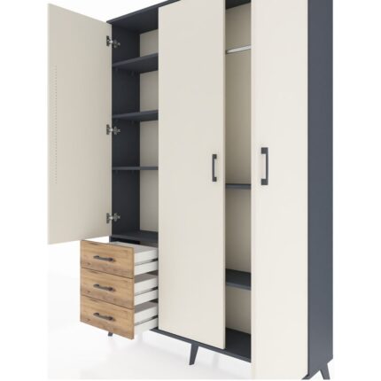 Dienni Arges Dolap 6 Raflı 3 Çekmeceli Tek Askılı 132X30X195 Antrasit-Aytaşı/çam - Görsel 4
