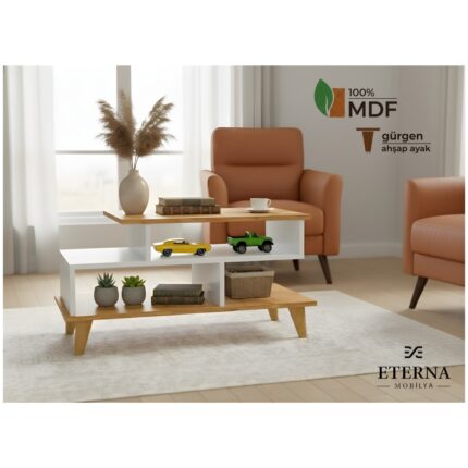 Eterna Mobilya Asima Orta Sehpa | Beyaz- Çam | Tamamı Mdf | Ahşap Ayak | 92 cm - Görsel 2