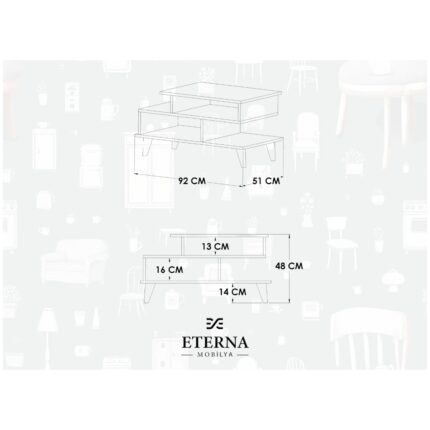 Eterna Mobilya Asima Orta Sehpa | Beyaz- Çam | Tamamı Mdf | Ahşap Ayak | 92 cm - Görsel 3
