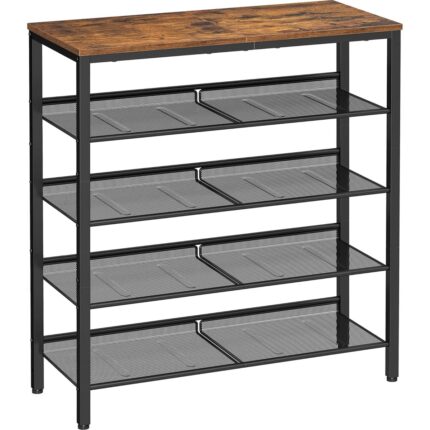 Mena Rise Ayakkabı Rafı 5 Katlı Ayakkabı Dolabı Açık Ayakkabı Rafı Ayakkabı Rafı 75 x 28 x 93 cm Çantalar Için Büyük Yüzey Giriş Koridoru Metal Endüstriyel Tasarım Siyah LBS038B01