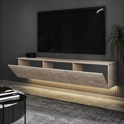 İnarch Dizayn Neon LED Işıklı Duvara Monte, 3 Kapaklı TV Sehpası – 160 cm - Modern Tasarım - Görsel 3