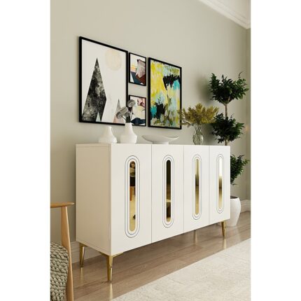 Ceneyra KA1520BG- Rany Konsol, Tv Sehpası, Çok Amaçlı Dolap 150CM Beyaz-Altın - Görsel 2
