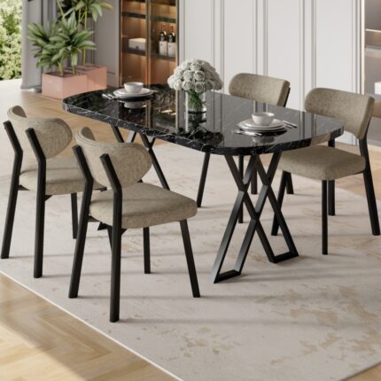 Canisa Axton Serisi Sabit Mdf 90X168 Siyah Mermer Desen Mutfak Masa Takımı 4 Cappucino Sandalye