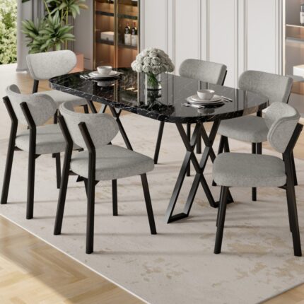 Canisa Axton Serisi Sabit Mdf 90X168 Siyah Mermer Desen Mutfak Masa Takımı 6 Sandalye