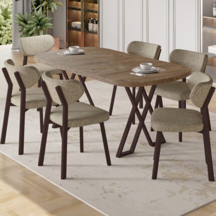 Canisa Axton Serisi Sabit Mdf 90X168 Atlantik Çam Mutfak Masa Takımı 6 Sandalye