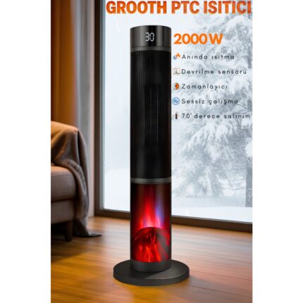 Grooth Alev Efektli Kule Tipi Fanlı Seramik Isıtıcı Uzaktan Kumandalı Şömine Efektli Ptc Isıtıcı - Görsel 2