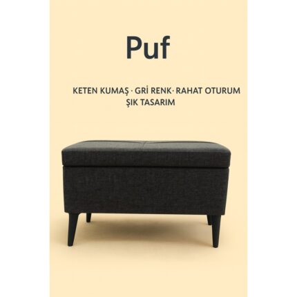 Lütfiye Gündoğan Sandıklı Keten Puf – Antrasit Gri | 60X45X40 cm Depolama Alanlı, Modern Dekoratif Oturma & Ayak Ucu Pufu