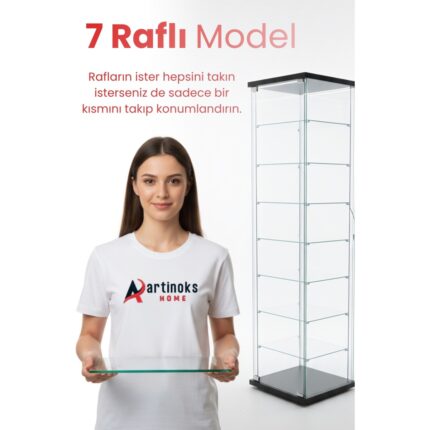 Artinoks Home 7 RAFLI LEDLİ CAM VİTRİN SİYAH (Gümüşlük, Büfe, Koleksiyon, Sunu, Sergi, Kitaplık) - Görsel 4