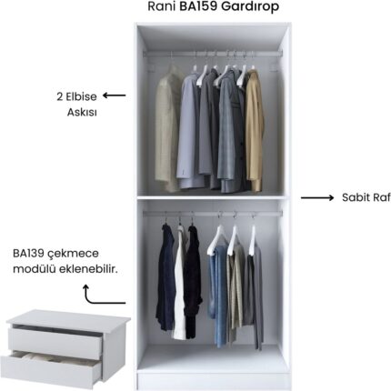 Rani BA159  Gardırop 2 Kapaklı Raflı 2 Askılı Elbise Dolabı Beyaz - Görsel 5
