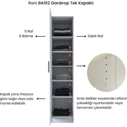 Rani BA162 Gardırop Tek Kapaklı 5 Raflı Elbise Dolabı Beyaz - Görsel 5