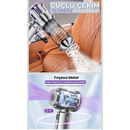 Trend 16000PA Ultra Güçlü Emiş Profesyonel Portatif 3 Kademeli Tabilir Vakumlu Kablosuz Üflemeli Mini Araç Süpürgesi - Görsel 2