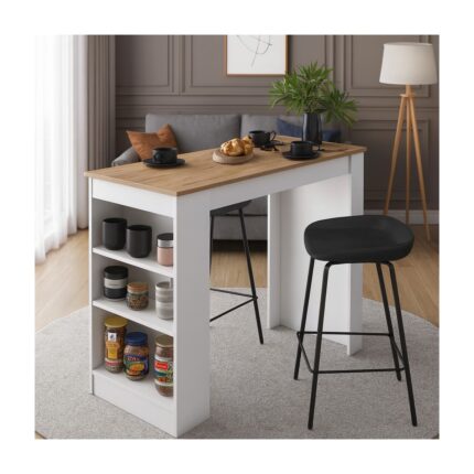 Bees Store Bar Masası 3 Raflı Yüksek Mutfak Yemek Masası, Sepet, Ceviz – Beyaz, 1. Sınıf Mdf