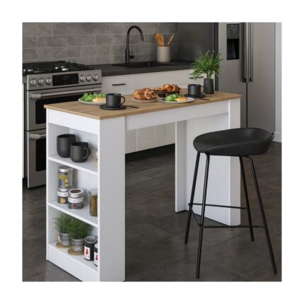 Bees Store Bar Masası 3 Raflı Yüksek Mutfak Yemek Masası, Sepet, Ceviz – Beyaz, 1. Sınıf Mdf - Görsel 2