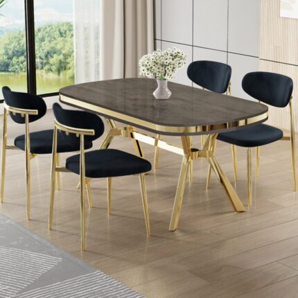 Canisa Olya Serisi 90X168 Lak Panel Antrasit Ironi Masa Takımı Gold Ayaklı 4 Antrasit Sandalye