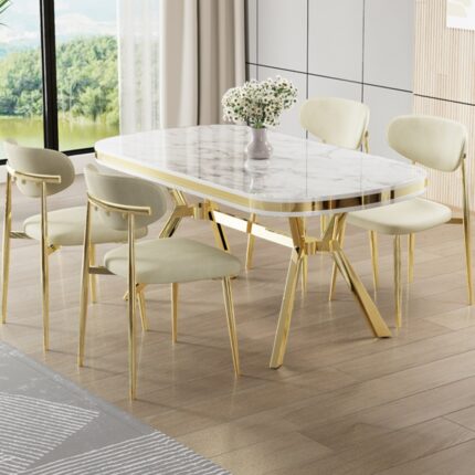 Canisa Olya Serisi 90X168 Lak Panel Beyaz Mermer Desen Masa Takımı Gold Ayaklı 4 Krem Sandalye