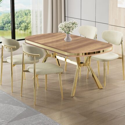 Canisa Olya Serisi 90X168 Lak Panel Hazar Masa Takımı Gold Ayaklı 4 Krem Sandalye