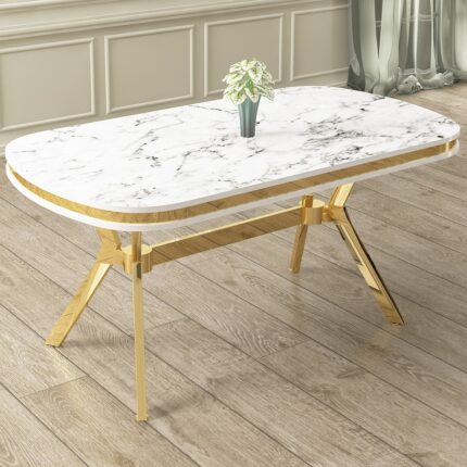 Canisa Olya Serisi 90X168 Lak Panel Beyaz Mermer Desen Masa Takımı Gold Ayaklı 6 Sandalye - Görsel 2
