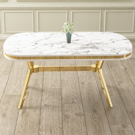 Canisa Olya Serisi 90X168 Lak Panel Beyaz Mermer Desen Masa Takımı Gold Ayaklı 6 Sandalye - Görsel 3