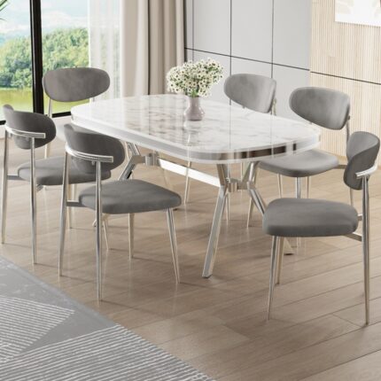 Canisa Olya Serisi 90X168 Lak Panel Beyaz Mermer Desen Masa Takımı Krom Ayaklı 6 Sandalye