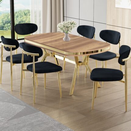 Canisa Olya Serisi 90X168 Lak Panel Hazar Masa Takımı Gold Ayaklı 6 Sandalye