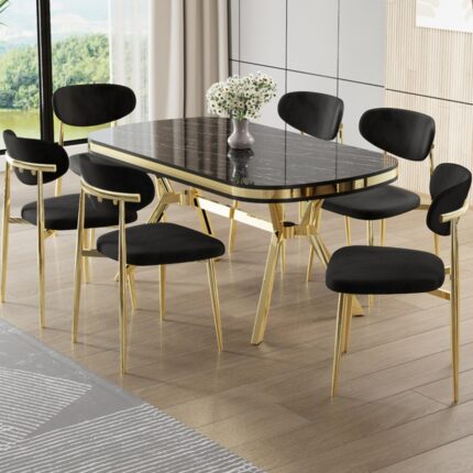 Canisa Olya Serisi 90X168 Lak Panel Sonata Masa Takımı Gold Ayaklı 6 Sandalye
