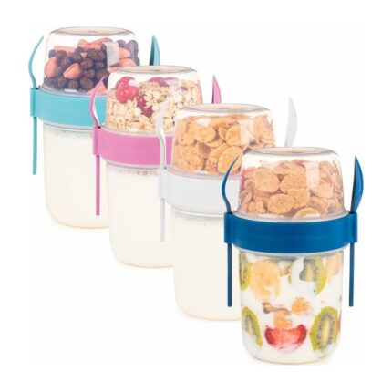 Storemax 650 ml -Go Kaşıklı Hazneli Meyveli Müsli Kabı Piknik Iş Yoğurt Süt Bardağı Kapaklı ve Kaşıklı Kahvaltı Bardakları, Tahıl Tepesi Yulaf Ezmesi Granola (4'lü Set) - Görsel 2