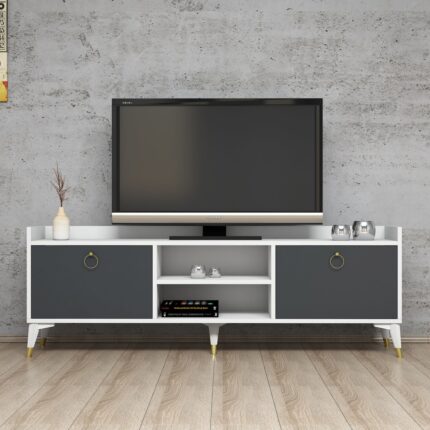 FERNISO Altın Kulplu Modern Ayaklı Tv Sehpası Beyaz-Gri - Görsel 2