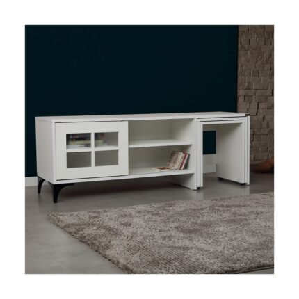 Pasific Home Revival Metal Ayaklı Sürgülü Tv Ünitesi, Zigon Sehpalı, 150 Cm, Ahşap Beyaz