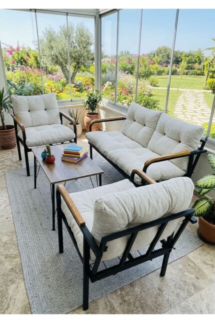 Madame Home Krem Balkon, Bahçe,teras,cafe - Salon - Metal Kanepe Koltuk Takımı - 2 1 1 Sehpa
