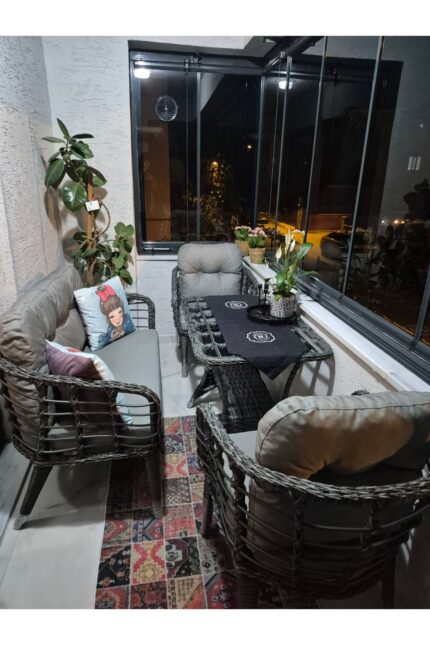 Tu Tienda KARTEPE GALVANİZ BORU 2 1 1 SEHPA(60*90) RATTAN BAHÇE BALKON TAKIMI,GRİ RATTAN/GRİ KUMAŞ - Görsel 5