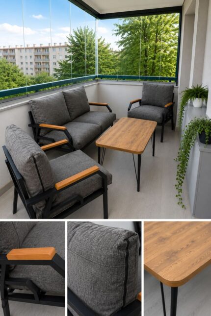 Dekoport Kutay Balkon Takımı, Bahçe Takımı, Çay Seti Koltuk Takımı, Metal Kanepe 2-1-1 50x80 Masalı Gri - Görsel 2