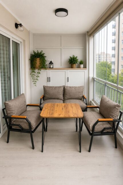 Dekoport Kutay Balkon Takımı, Bahçe Takımı, Çay Seti Koltuk Takımı, Metal Kanepe 2-1-1 50x80 Masalı Gri - Görsel 5