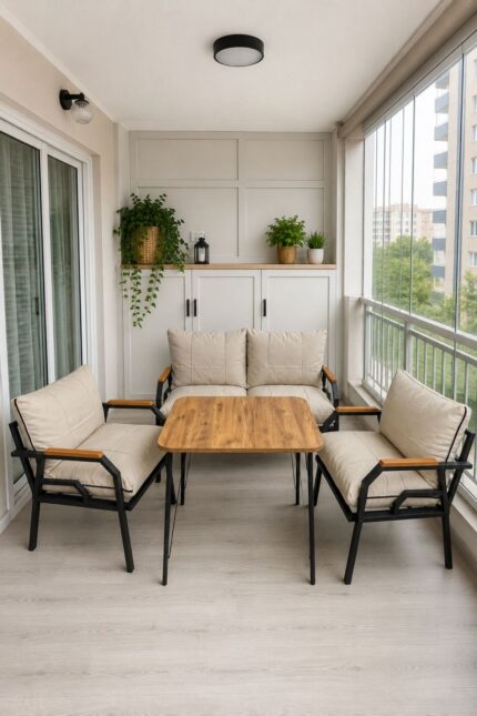 Dekoport Kutay Balkon Takımı, Bahçe Takımı, Çay Seti Koltuk Takımı, Metal Kanepe 2-1-1 50x80 Masalı Gri - Görsel 6