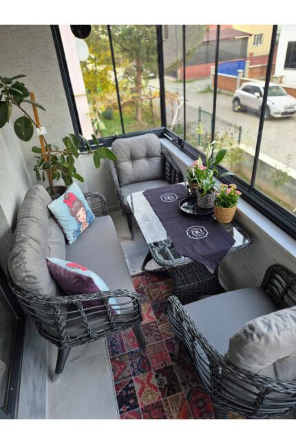 Tu Tienda KARTEPE GALVANİZ BORU 2 1 1 SEHPA(60*90) RATTAN BAHÇE BALKON TAKIMI,GRİ RATTAN/GRİ KUMAŞ - Görsel 6